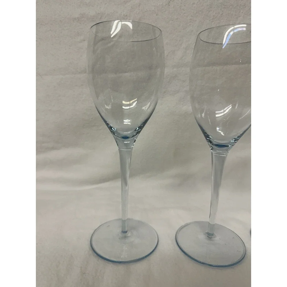 Hand Blown Light Pale Sky Blue Wine Glasses 10 oz Set Of 3 Clear Stem 9.25